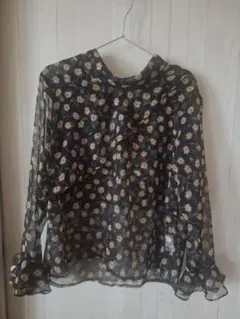 ネイビー花柄シースルーブラウス