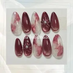 ネイルチップ ボルドー マグネット ニュアンス ぷっくり 立体フラワー