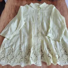 Eeho71 レディース　レース刺繍ブラウス　L　黄（イエロー）