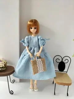 22cmドール服 ドット柄レトロワンピース×さくらんぼ麻バッグ♡コーデ2