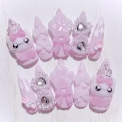 No.791　ネイルチップ 現品 量産型 地雷系 サブカル 平成女児 猫 ピンク