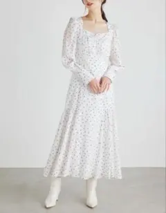 [新品] rienda ホワイトドット柄 マキシワンピース パフスリーブ デート