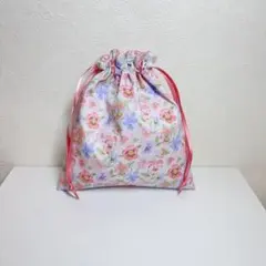 巾着トートバッグ ばら柄ラベンダー 手提げ ハンドメイド - メルカリ