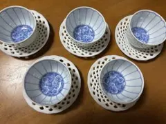 彩堂窯　菊割ぶどう文様　茶托付き煎茶揃5客セット
