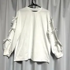 長袖 Tシャツ 袖リボン付 白
