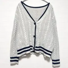 ケーブルニット カーディガン スクール風 Vネック ネイビーライン M