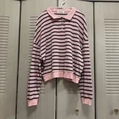 ピンクと黒のストライプ長袖ポロシャツ