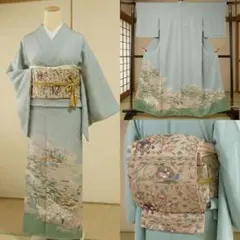 上品　色留袖　生絹　袋帯　ブルー　４点フルセット　卒業式　結婚式　入学式　作家物