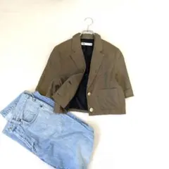 ZARA/ザラ◇半袖ショート丈テーラードジャケット『S』カーキ　ゴールドボタン