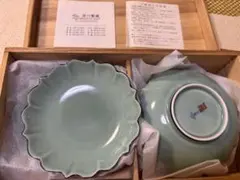 深川製磁 4号皿揃 未使用/元箱/百年庵/笹青磁/輪花皿5枚セット/ 深川のサムネイル