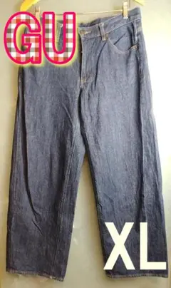 【美品】GU デニムパンツ XLサイズ ストレート ボタンフライ ネイビー系