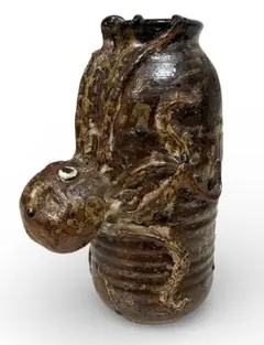 稀少珍品☆蛸彫刻付き 古い花瓶 陶器焼物 作家在銘 詳細不明 約30cm