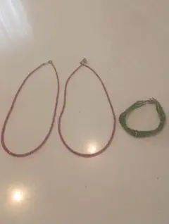 シルバー925製留め具ビーズ製パープルネックレス２点と緑ブレスレットセット