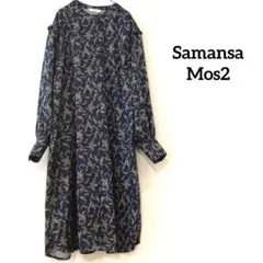 SamansaMos2 ノーカラーシャツワンピース　ロング　ネイビーフラワー F