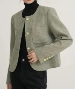 ​【美品】ツイードジャケット ノーカラー ゴールドボタン グリーン