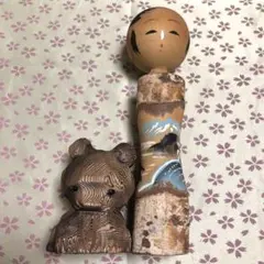 くろよん焼き印　木彫りお座り小熊　黒部ダム白樺のこけし人形