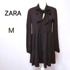 ZARA L ブラック リボンボウタイ付きティアードワンピース ザラ チュニック