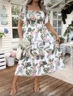 【裾上げ済】花柄　ボタニカル　フレアワンピース JP-3XL プラスサイズ