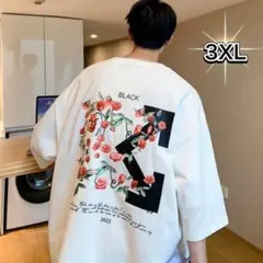 オーバーサイズ　Tシャツ　ユニセックス　メンズ　ホワイト　花柄　バックプリント