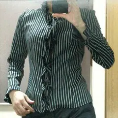 【レトロ古着】フリル襟ストライプブラウス＊黒×白