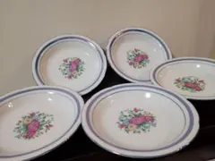 最終値下げ♥未使用☆ヴィンテージ　昭和レトロ花柄カレー皿５枚　メタリック青ライン