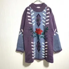 90s ヴィンテージ フラワーニット ウール100% セーター 古着 立体