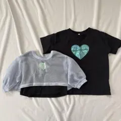 女児 メッシュトップス 重ね着風 Tシャツ 黒Tシャツ 2枚セット 女の子