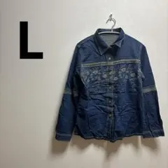 1点物✨【L】 刺繍入り 長袖 デニムシャツ シャツ ダークブルー