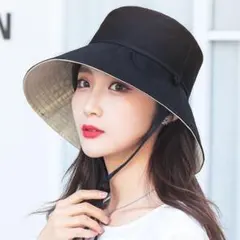 レディースつば広バケットハット リバーシブルストラップ付き　日焼け防止　ブラック