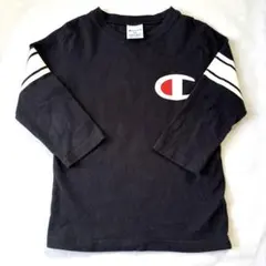 Champion 130 七分袖Tシャツ 黒 ビッグロゴ 綿100 ボーイズのサムネイル