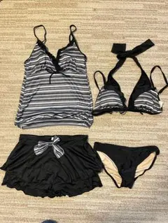 ニッセン水着レディース L 4点セット タンキニ 体型カバー ブラック ボーダー