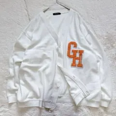 ワッペンロゴカーディガン　Vネック　ビッグシルエット　刺繍　古着風　LL　羽織り