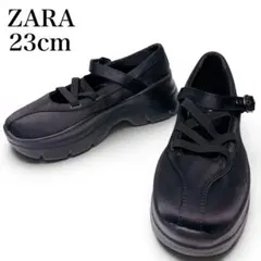【美品】ZARA 厚底 バレエシューズ 黒 23cm相当 ストラップ付 サテン風