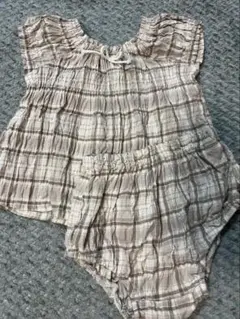 ベージュ系チェックロンパースセット