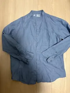 無印良品ダークブルー麻コットン長袖スタンドカラーシャツ M