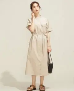 ナノユニバース　シェルテックスタンドカラーシャツワンピース　接触冷感、UVカット