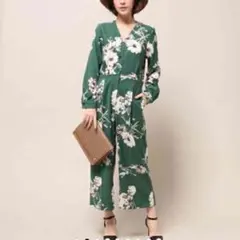 【美品】アダムエロペ 花柄 オールインワン サロペット グリーン 38 日本製
