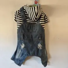 犬服 ストライプフード付きデニムオーバーオール Mサイズ