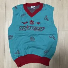 9090 ターコイズ 赤 Vネック ノースリーブセーター