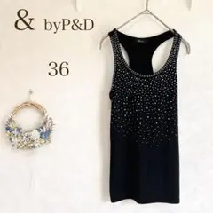 &byP&D タンクトップ ブラック ラインストーン レーヨン　黒　36 ⭐︎のサムネイル