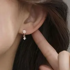 フラワー フープピアス S925刻印 ピンクゴールド CZ ダイヤ キャッチレス