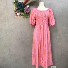 532 パフスリーブ　リボン柄　フレアロングワンピース　バカンス　夏　派手