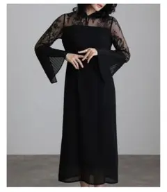 POURVOUS プリーツスリーブレース切り替えチャイナ風ワンピース　ブラック