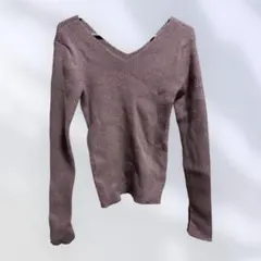 ラメリブニット Vネック 長袖 ピンクパープル 細身 フリーサイズ