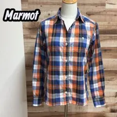 【美品】マーモット Marmot 長袖チェックシャツ M オレンジ×ネイビー