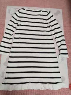 SからM位ボーダー柄 長袖チュニックニットワンピースフリル裾