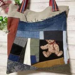 デニムリメイク　トートバッグ　パッチワーク　リメイクバッグ