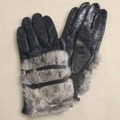 レザー ブラック手袋 ラビットファー付き Mサイズ