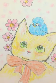 手描きイラスト オリジナル アナログ 直筆 ねこと小鳥