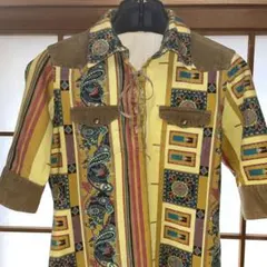 コーデュロイ　デニム地様　ペーズリー柄　レトロワンピース